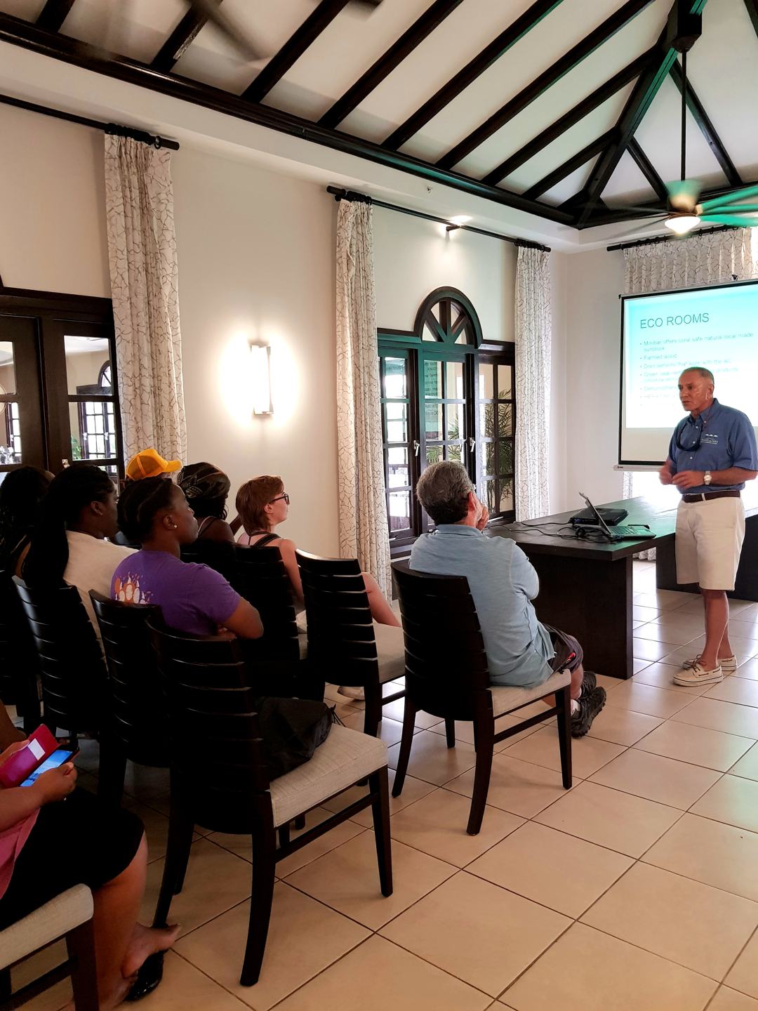 Professors and students of Mercer University in Georgia, U.S., learn sustainability best practices within the business setting from Ewald Biemans, owner/CEO of Bucuti & Tara Beach Resort and noted environmentalist
